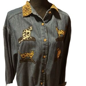 Vintage 90s Cat Embroidered Shirt With Leopard Print Collar